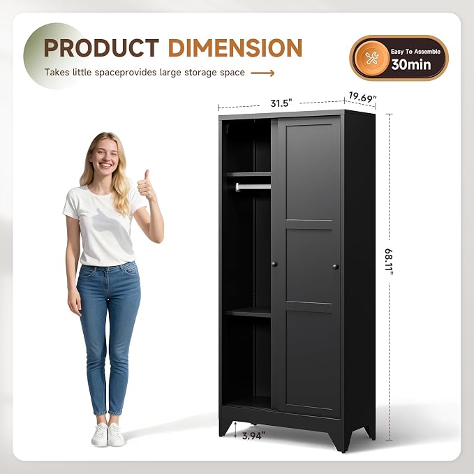 Letaya Armoire Wardrobe Closet, Narrow Slim Coat Closet Cabinet - Image 3