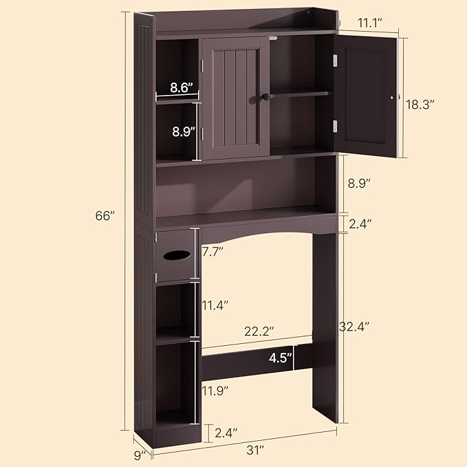 Gizoon 66''H Over The Toilet Storage Cabinet, Dark Brown | Over Toilet Storage - Image 2