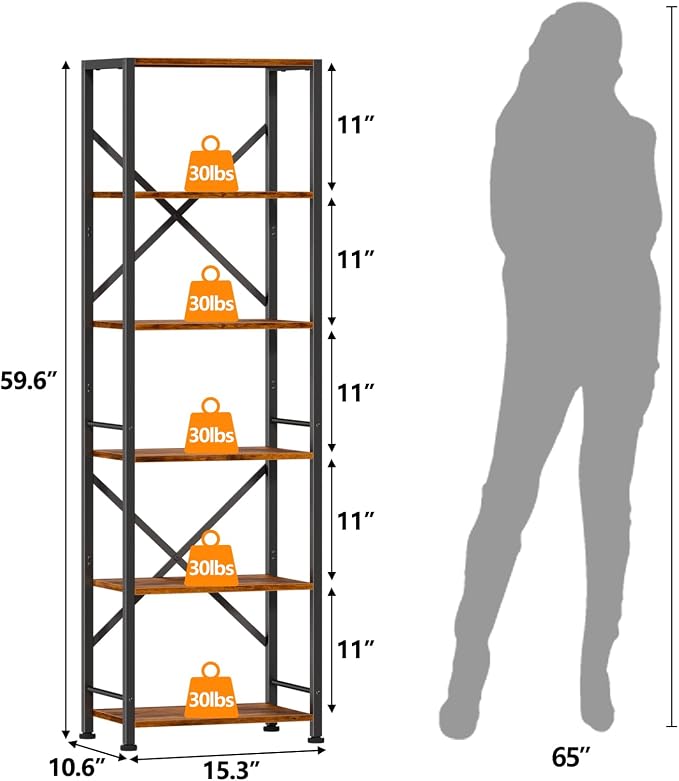 Furologee 6 Tier Bookshelf, Tall Narrow Bookcase, Rustic Brown | 59.6'' Tall - Image 3