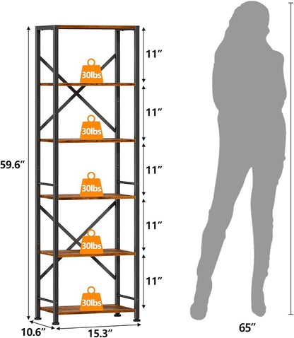 Furologee 6 Tier Bookshelf, Tall Narrow Bookcase, Rustic Brown | 59.6'' Tall - Image 3