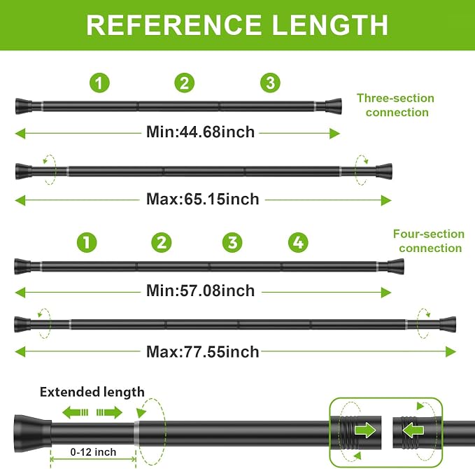 Shower Curtain Rod 45 to 77 Inches 2Pack Black Tension Curtain Rod No Drilling - Image 2