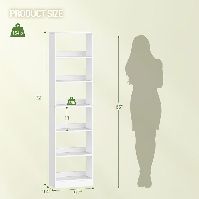 Hzuaneri Bookcase, Tall Narrow Bookshelf, Open Display Storage Shelf | Skinny - Image 2