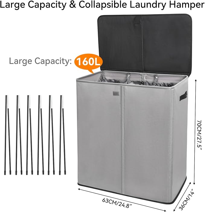 WOWLIVE Laundry Hamper with Lid, 160L Large Laundry Basket 3 Section with - Image 6