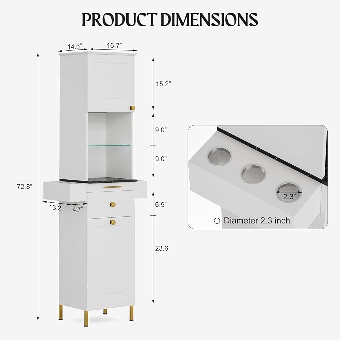 Salon Stations for Hair Stylist, Barber Station w/Glass Shelf & Golden Handles - Image 3