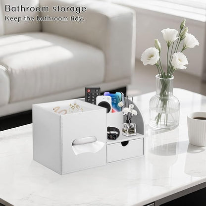 Square Tissue Box Cover with Tray and Organizer, Tissue and Remote Control - Image 2