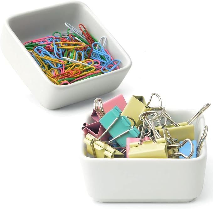 Ceramic Paper Clip Holder 2 PCS Set, Square Paper Clip Dispenser Organizer by MONOSUGO