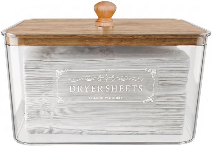 Dryer Sheet Holder with Bamboo Lid, Acrylic Laundry Clear Dryer Sheets by Suaetiai