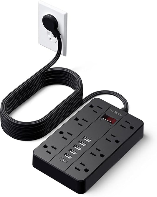 15 Ft Long Extension Cord Power Strip Surge Protector, HUNIAN Flat Plug by HUNIAN