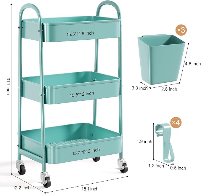3 Tier Green Metal Rolling Cart - Image 9
