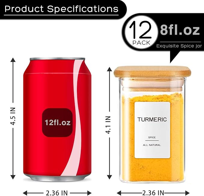 12 Pcs Glass Spice Jars with Bamboo Airtight Lids & 201 Labels - 8oz Square - Image 2