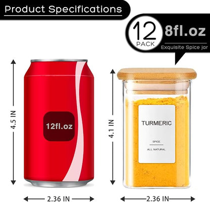 12 Pcs Glass Spice Jars with Bamboo Airtight Lids & 201 Labels - 8oz Square - Image 2