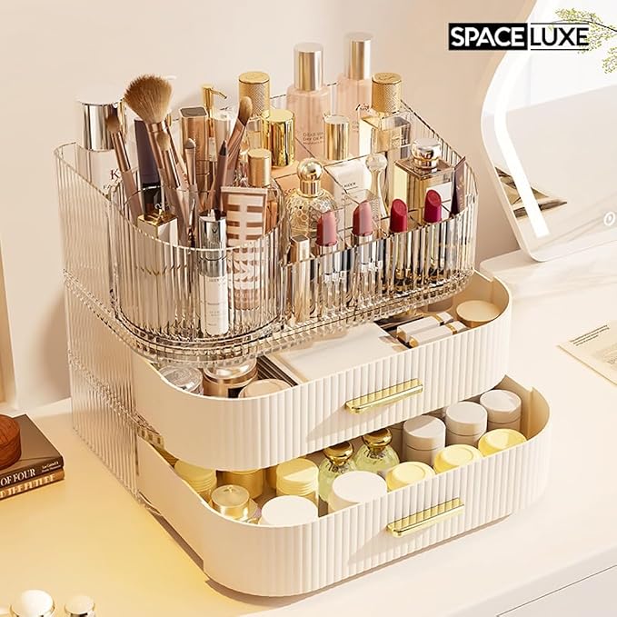 Makeup Organizer with Drawers and 360° Rotating Brush Holder, Large Capacity - Image 3