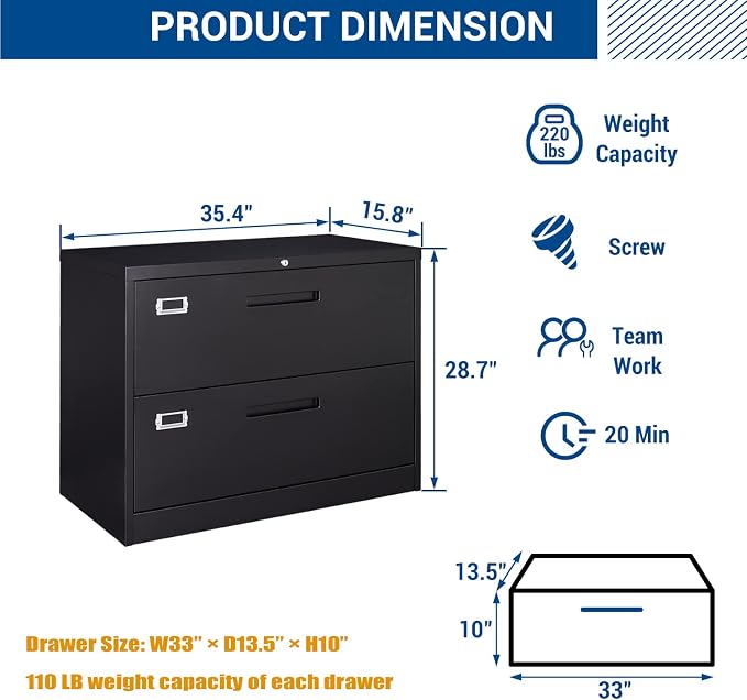 Lateral File Cabinet with Lock, 2 Drawer Large Metal Filing Cabinet, Home - Image 3