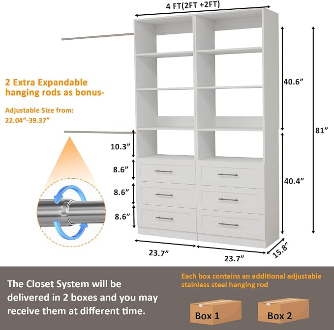 Closet System with Drawers, Wood Closet Organizer System with Adjustable - Image 7