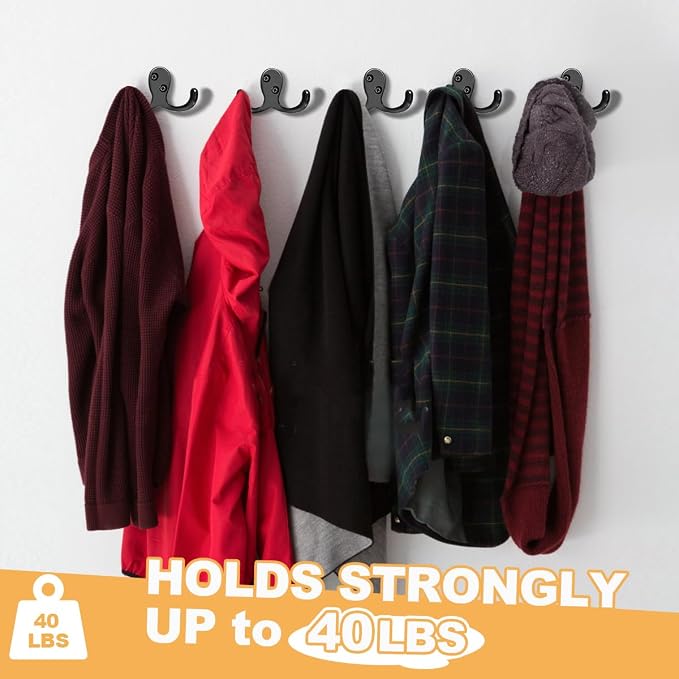 10 Pack Coat Hooks Wall Hooks for Hanging, Heavy Duty Double Prong Metal Hook - Image 3
