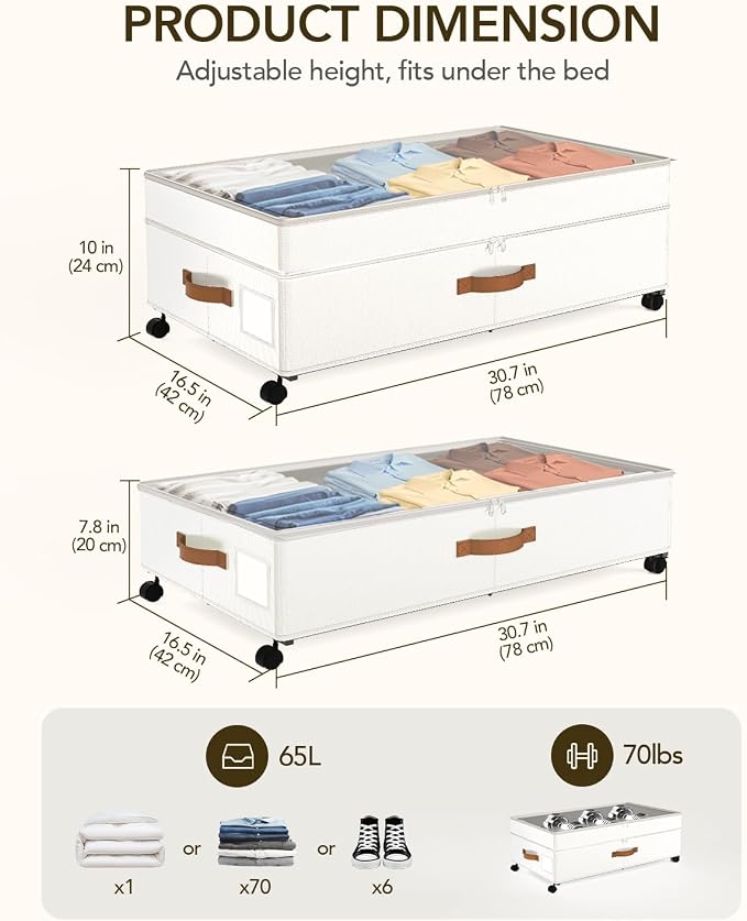 Under Bed Storage with Wheels, 10 inches Under Bed Storage Containers, 65L XXL - Image 2