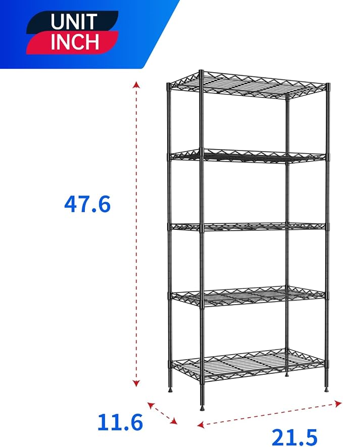 PayLessHere | 5-Tier Wire Shelf | 21"x11"x48" | Black | Adjustable Racks | - Image 3