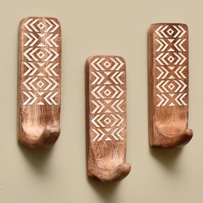 Indian Shelf 3 Boho Wood Adhesive Wall Hooks Peel Stick by IndianShelf