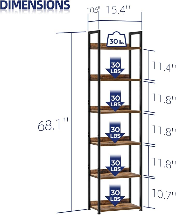 NUMENN Narrow Bookshelf, 6 Tier Freestanding Shelving Unit, Vintage | Metal - Image 3