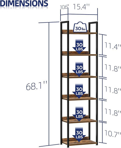 NUMENN Narrow Bookshelf, 6 Tier Freestanding Shelving Unit, Vintage | Metal - Image 3