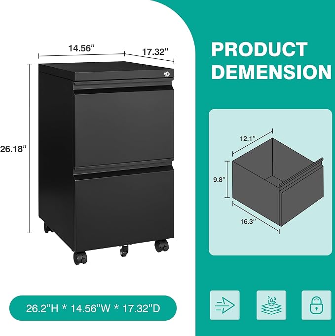 SISESOL Assembled 2 Drawer File Cabinet on Wheels, Metal Filing Cabinet - Image 3
