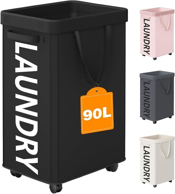 Optish Laundry Basket with Wheels, 90L Rolling Laundry Hamper with Wheels by Optish