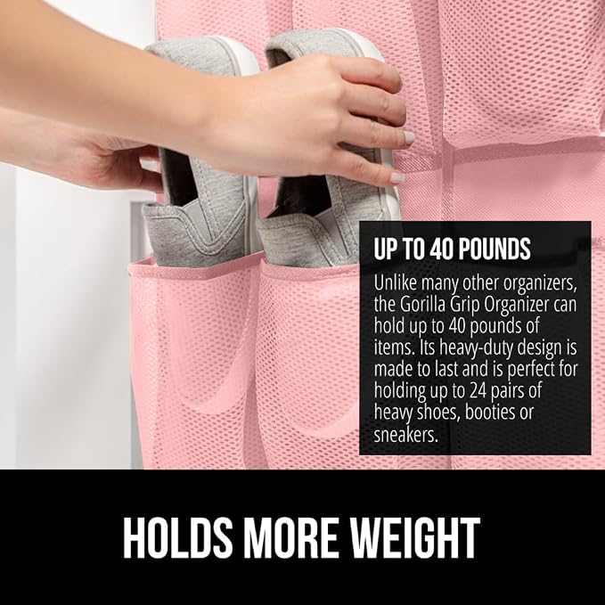 GORILLA GRIP Over the Door Shoe Organizer, 24 Large Breathable Mesh Pockets - Image 3