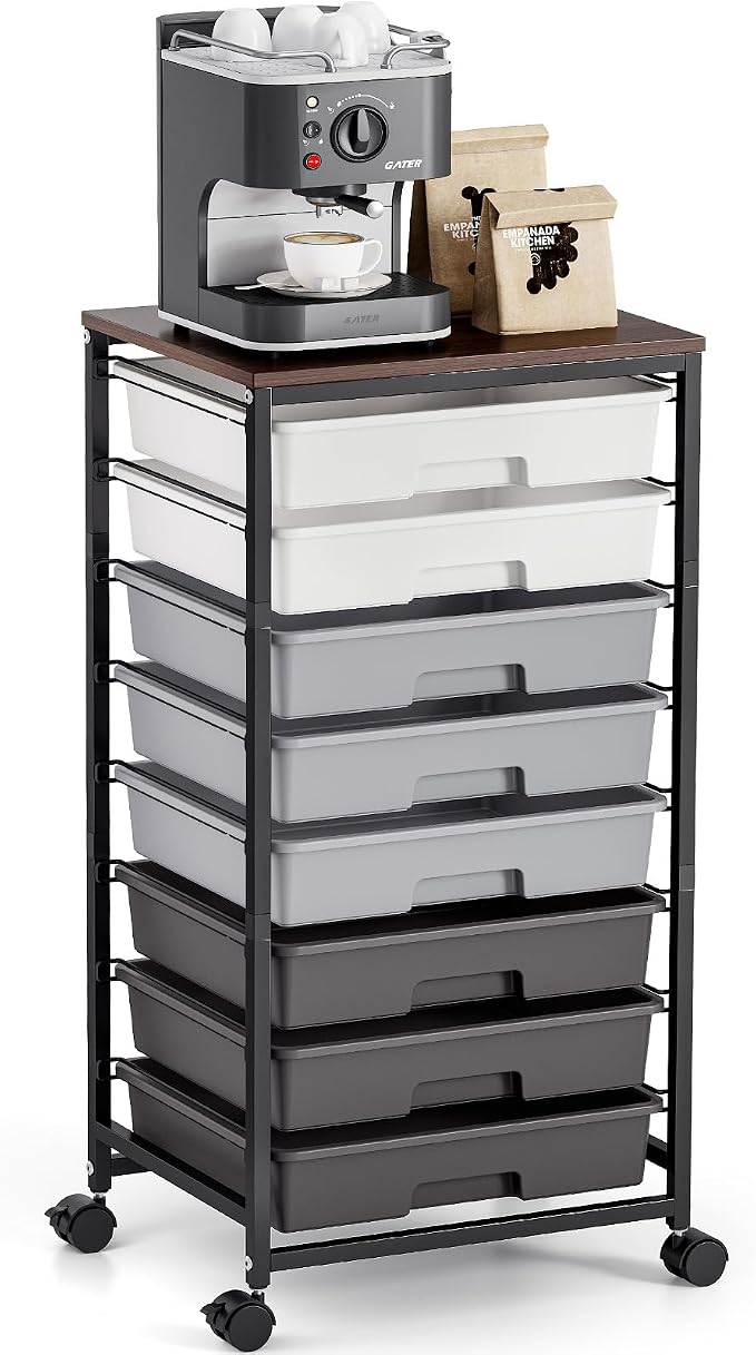 Rolling Storage Cart with 8 Drawers, Utility Cart on Wheels with Wooden Tabletop by TOOLF