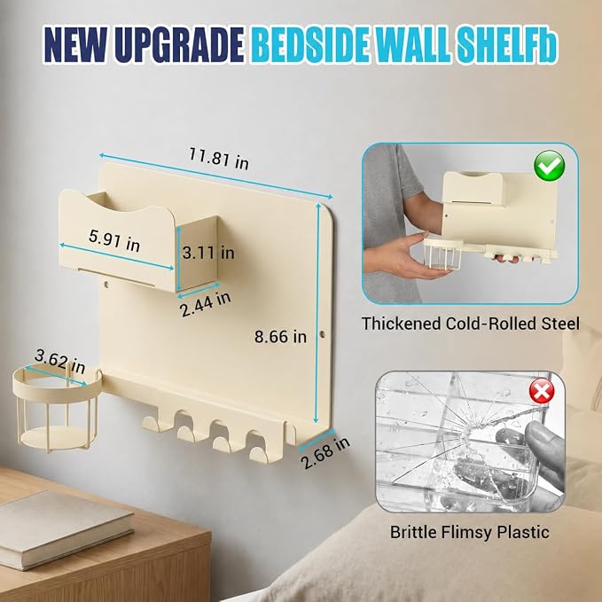 Floating Bedside Wall Shelf, Metal Bedside Wall Organizer - Image 2