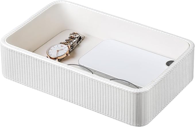 PU Leather Valet Tray Organizer, Small Nightstand Organizer Bedside Desktop by Cretkhp