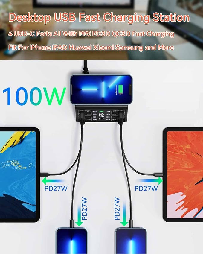 USB Charger, ASOMETECH 100W 8 Port Multiple USB Charging Station - Image 2