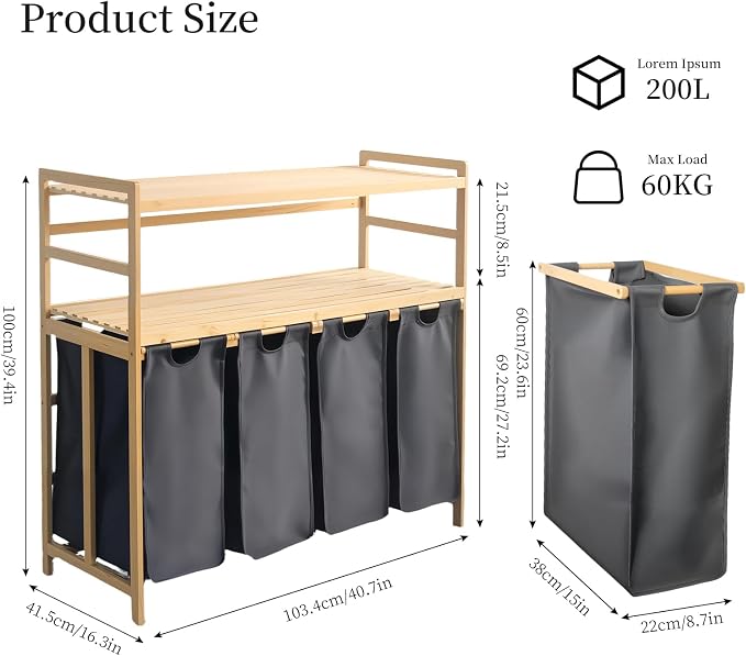 Bamboo Laundry Hamper with Shelf 200L, Laundry Basket 2-Tier with 4 Pull-Out - Image 4
