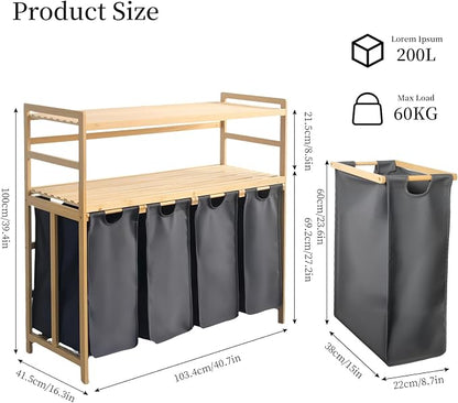 Bamboo Laundry Hamper with Shelf 200L, Laundry Basket 2-Tier with 4 Pull-Out - Image 4