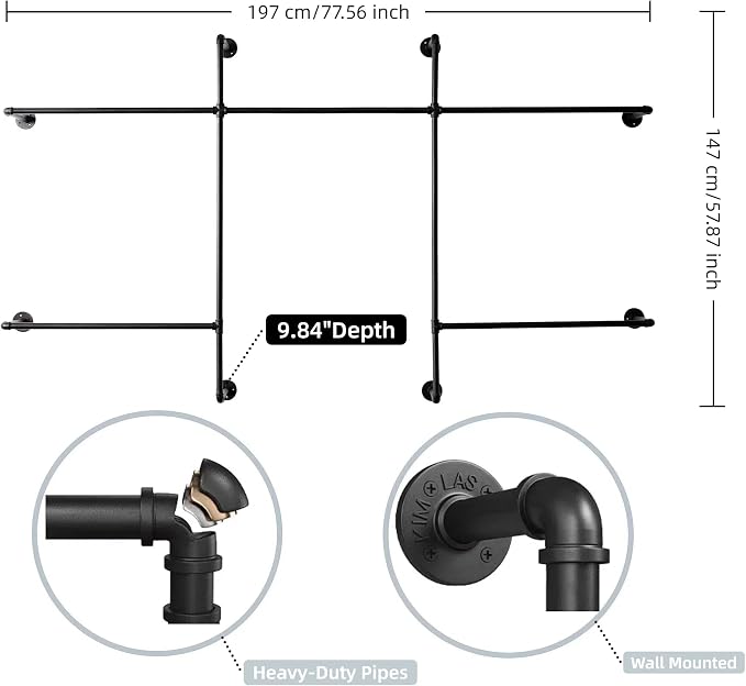Industrial Pipe Clothes Rack Wall Mounted Clothing Rack, Heavy Duty Iron Pipe - Image 5