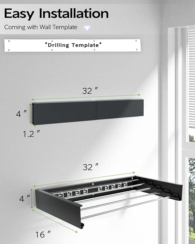 Wall Mounted Clothes Drying Rack 32", Foldable Wall Mount Laundry Rack Folding - Image 6