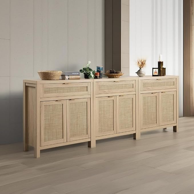 SICOTAS Sideboard Buffet Storage Cabinet Set of 3, Rattan Credenza Buffet Table - Image 6