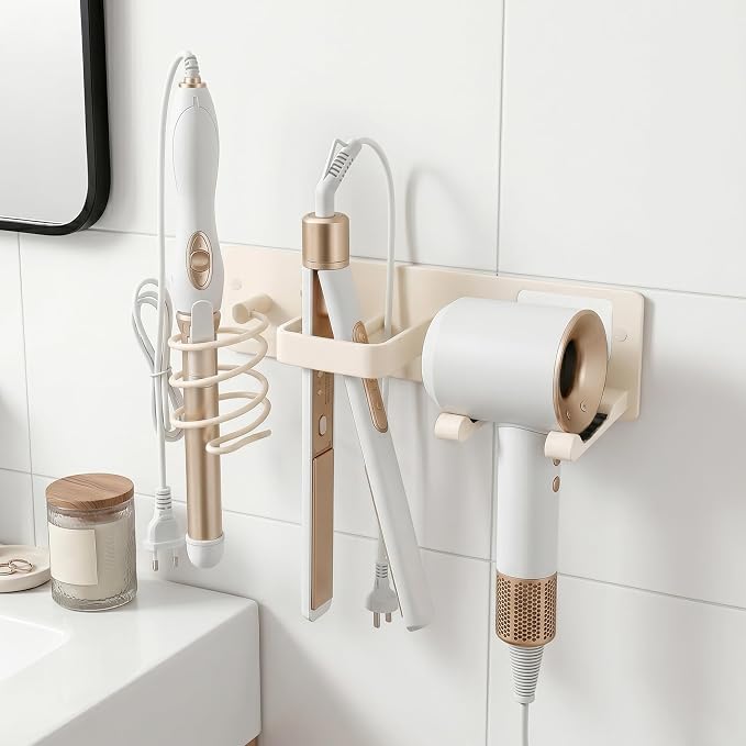 Hair Dryer Holder Wall Mount No Drill, 3 in 1 Curling Iron Holder & Flat Iron - Image 3