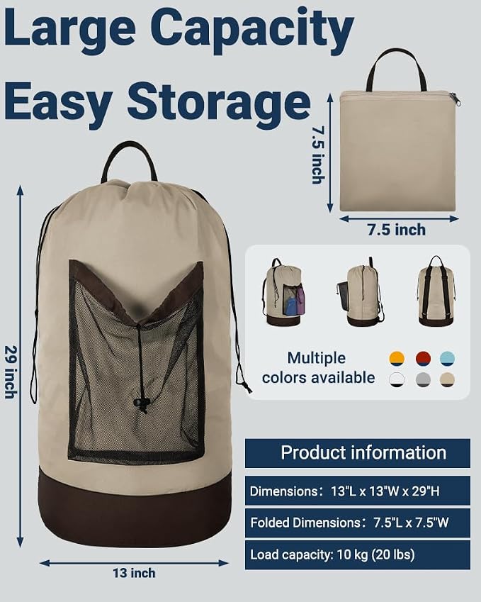 Laundry Bag with Shoulder Straps and Mesh Pocket Laundry Backpack Large - Image 2