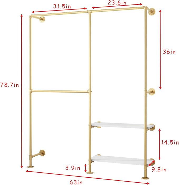 Gold Pipe Clothes Racks with White Shelves, Industrial Pipe Gold Clothing Rack - Image 3