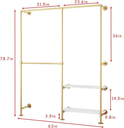 Gold Pipe Clothes Racks with White Shelves, Industrial Pipe Gold Clothing Rack - Image 3