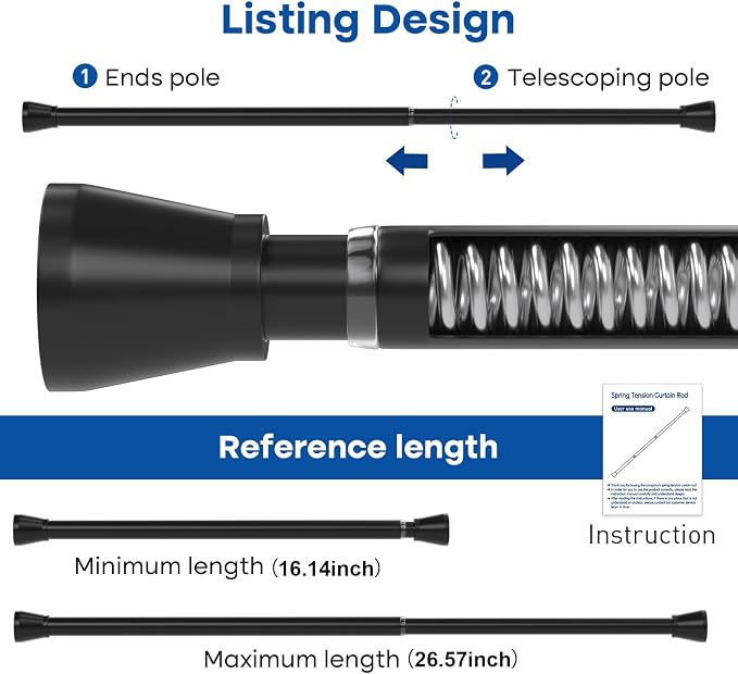 Black Tension rod 16 to 26 Inch Spring Curtain Rods No Drilling Small Rods - Image 2