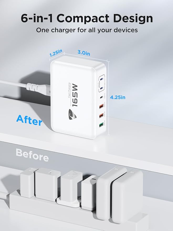 165W USB C Charging Station 6-Port GaN USB C Charger, PD 100W Laptop Hub Wall - Image 6