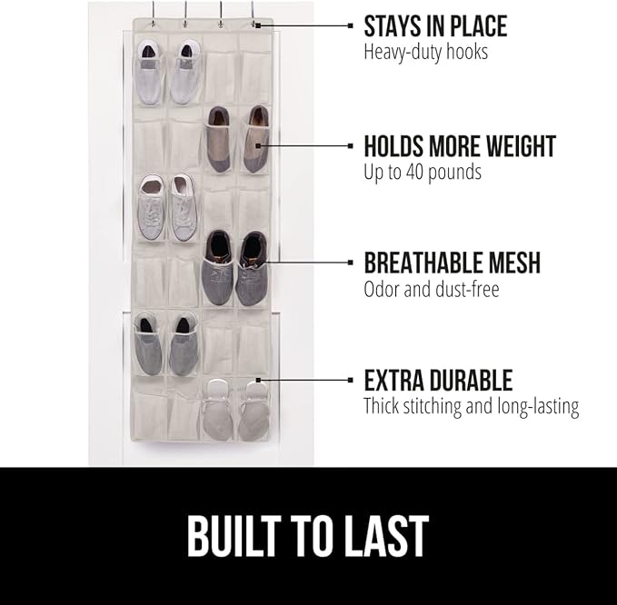 GORILLA GRIP Over the Door Shoe Organizer, 24 Large Breathable Mesh Pockets - Image 2