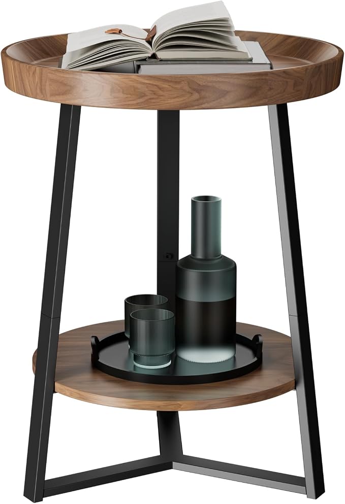 Gadroad Round End Table with Storage Shelf, 2 Tier Farmhouse Side Table by Gadroad