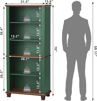 70" Tall Green Bookshelf, 5 Tier Wooden Book Shelf - Image 3