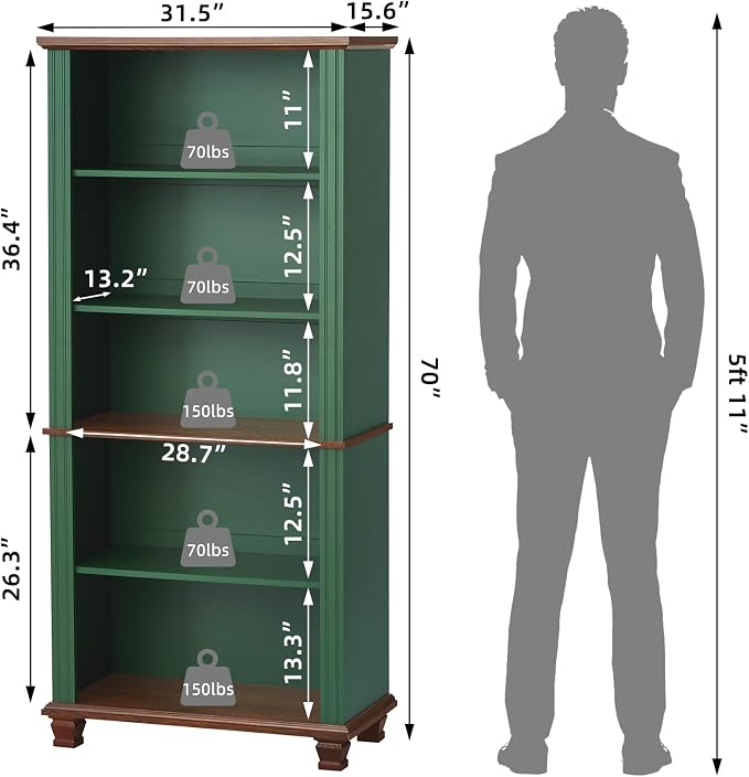 70" Tall Green Bookshelf, 5 Tier Wooden Book Shelf - Image 3