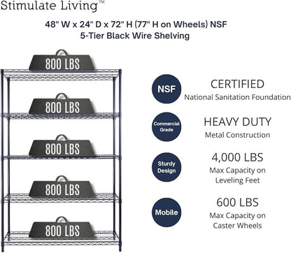 48"x24"x72" Prime Heavy Duty Black 5-Tier Steel Wire Shelving NSF 4000 LBS MAX - Image 3