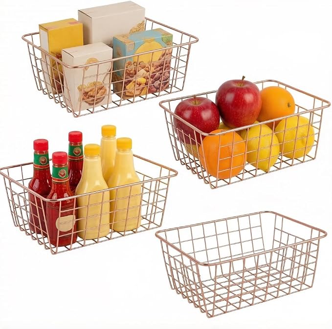 Jucoan 4 Pack Metal Wire Storage Baskets, Rose Gold Wire Baskets by Jucoan