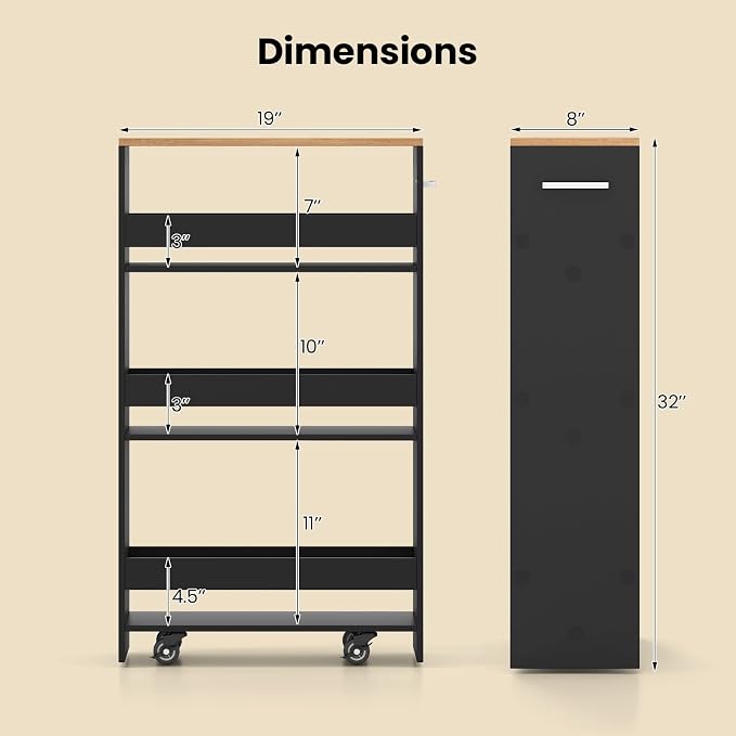 Small Kitchen Cart, 4-Tier Slim Rolling Island w/Handle, Laundry Room Storage - Image 4