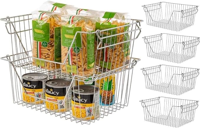 Stackable Wire Metal Baskets Sturdy Cabinet Organizer Wire Pantry Freezer Bin - Image 4